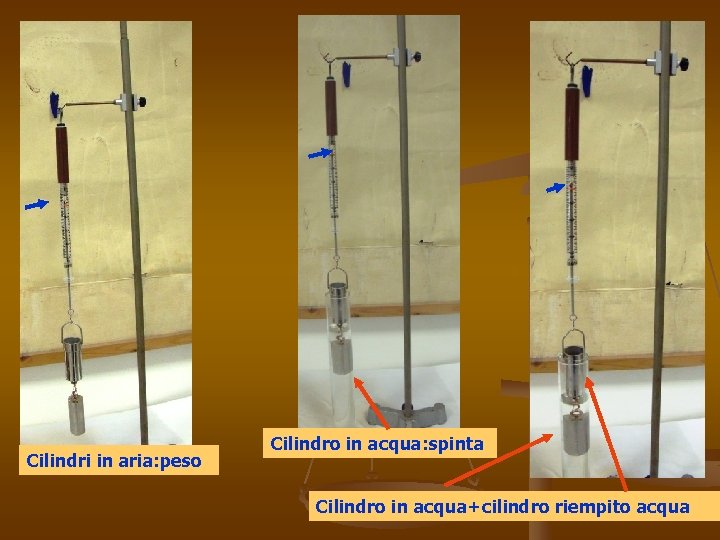 Cilindri in aria: peso Cilindro in acqua: spinta Cilindro in acqua+cilindro riempito acqua Cilindri in aria: peso Cilindro in acqua: spinta Cilindro in acqua+cilindro riempito acqua
