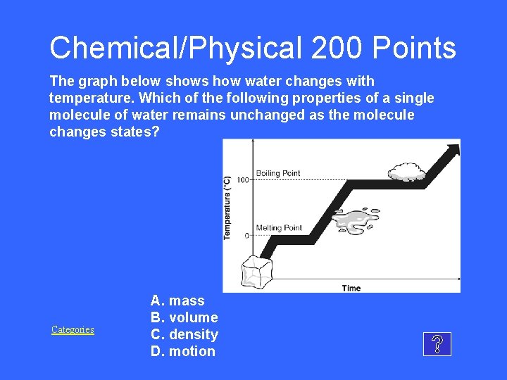 Chemical/Physical 200 Points The graph below shows how water changes with temperature. Which of