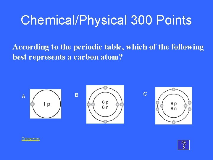 Chemical/Physical 300 Points According to the periodic table, which of the following best represents