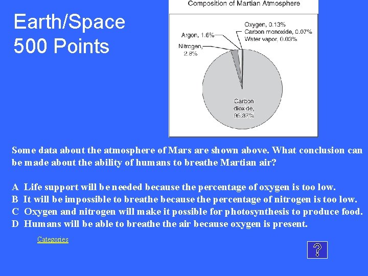 Earth/Space 500 Points Some data about the atmosphere of Mars are shown above. What