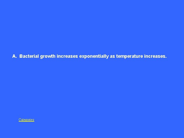 A. Bacterial growth increases exponentially as temperature increases. Categories 