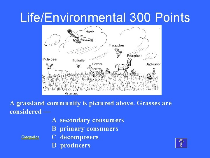 Life/Environmental 300 Points A grassland community is pictured above. Grasses are considered — A