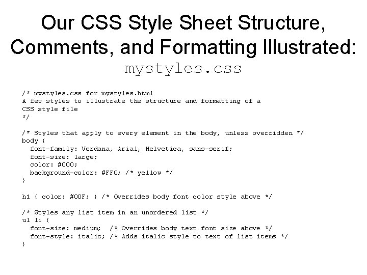 Our CSS Style Sheet Structure, Comments, and Formatting Illustrated: mystyles. css /* mystyles. css Our CSS Style Sheet Structure, Comments, and Formatting Illustrated: mystyles. css /* mystyles. css