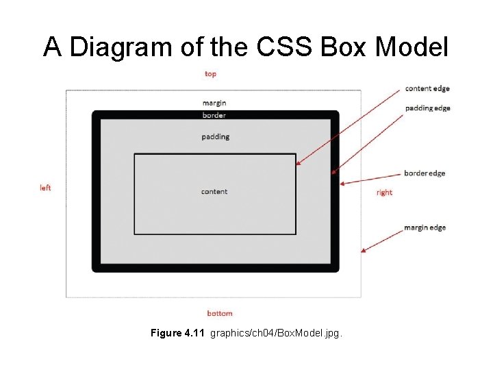 A Diagram of the CSS Box Model Figure 4. 11 graphics/ch 04/Box. Model. jpg. A Diagram of the CSS Box Model Figure 4. 11 graphics/ch 04/Box. Model. jpg.