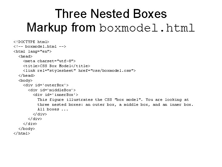 Three Nested Boxes Markup from boxmodel. html <!DOCTYPE html> <!-- boxmodel. html --> <html Three Nested Boxes Markup from boxmodel. html <!DOCTYPE html> <!-- boxmodel. html --> <html