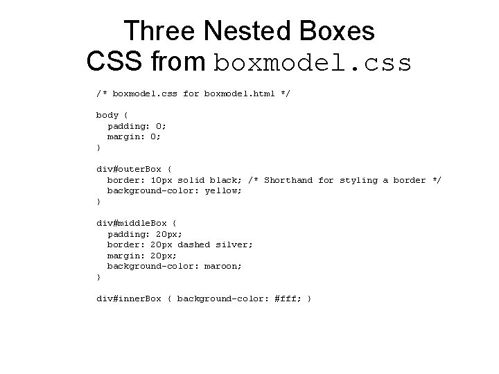 Three Nested Boxes CSS from boxmodel. css /* boxmodel. css for boxmodel. html */ Three Nested Boxes CSS from boxmodel. css /* boxmodel. css for boxmodel. html */