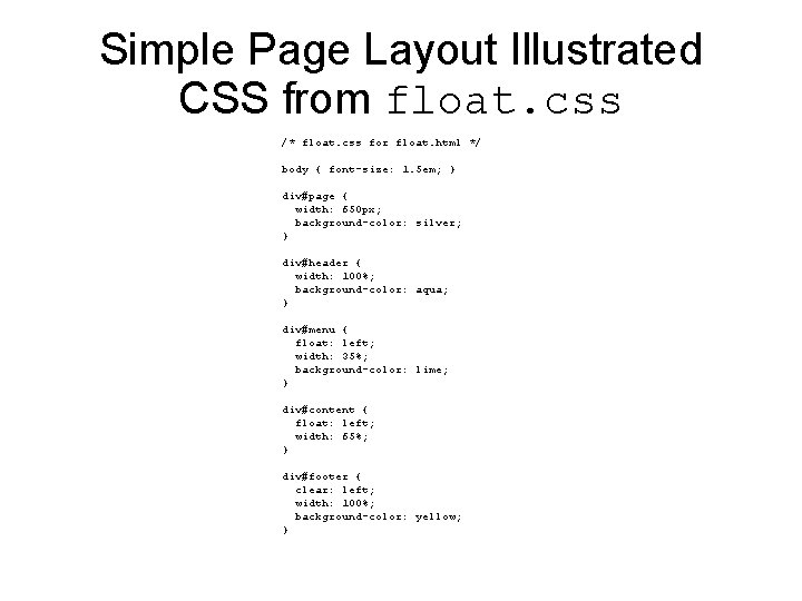 Simple Page Layout Illustrated CSS from float. css /* float. css for float. html Simple Page Layout Illustrated CSS from float. css /* float. css for float. html