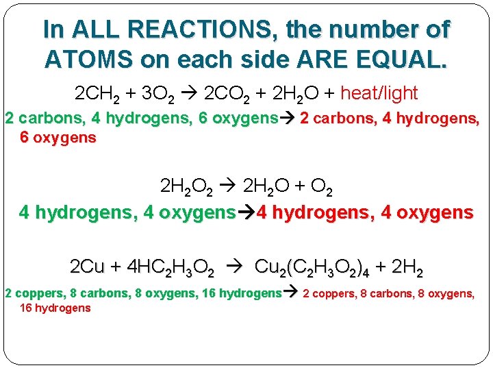 In ALL REACTIONS, the number of ATOMS on each side ARE EQUAL. 2 CH
