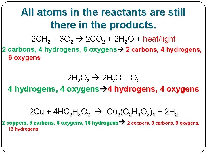 All atoms in the reactants are still there in the products. 2 CH 2