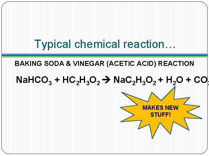 Typical chemical reaction… BAKING SODA & VINEGAR (ACETIC ACID) REACTION Na. HCO 3 +