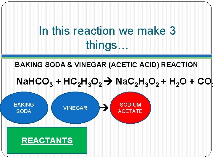 In this reaction we make 3 things… BAKING SODA & VINEGAR (ACETIC ACID) REACTION