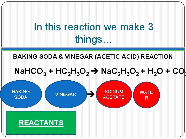 In this reaction we make 3 things… BAKING SODA & VINEGAR (ACETIC ACID) REACTION