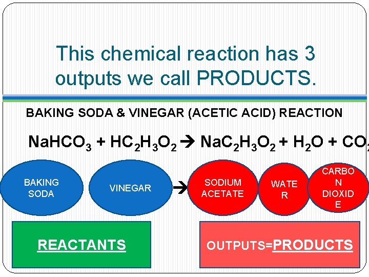 This chemical reaction has 3 outputs we call PRODUCTS. BAKING SODA & VINEGAR (ACETIC