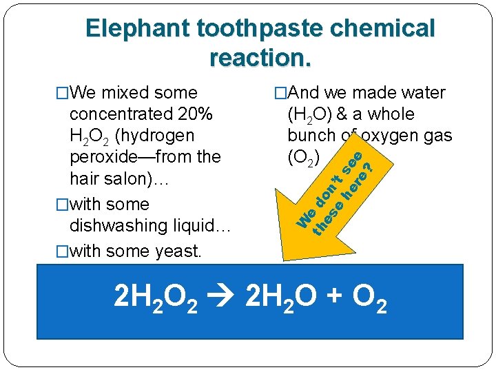 Elephant toothpaste chemical reaction. concentrated 20% H 2 O 2 (hydrogen peroxide—from the hair