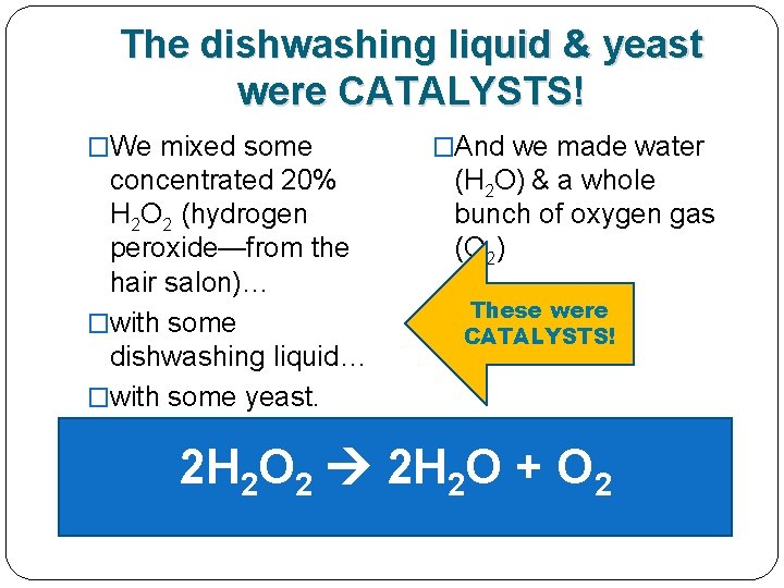 The dishwashing liquid & yeast were CATALYSTS! �We mixed some concentrated 20% H 2