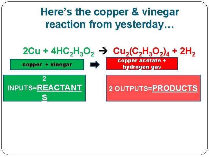 Here’s the copper & vinegar reaction from yesterday… 2 Cu + 4 HC 2