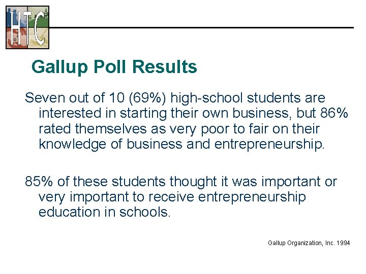 Gallup Poll Results Seven out of 10 (69%) high-school students are interested in starting
