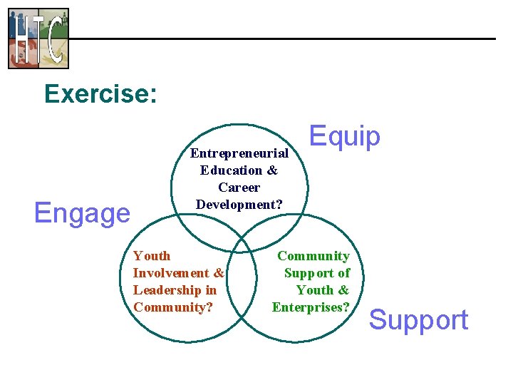 Exercise: Engage Entrepreneurial Education & Career Development? Youth Involvement & Leadership in Community? Equip