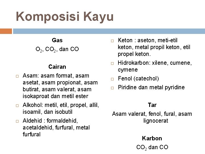 Komposisi Kayu Gas O 2, CO 2, dan CO Cairan Asam: asam format, asam