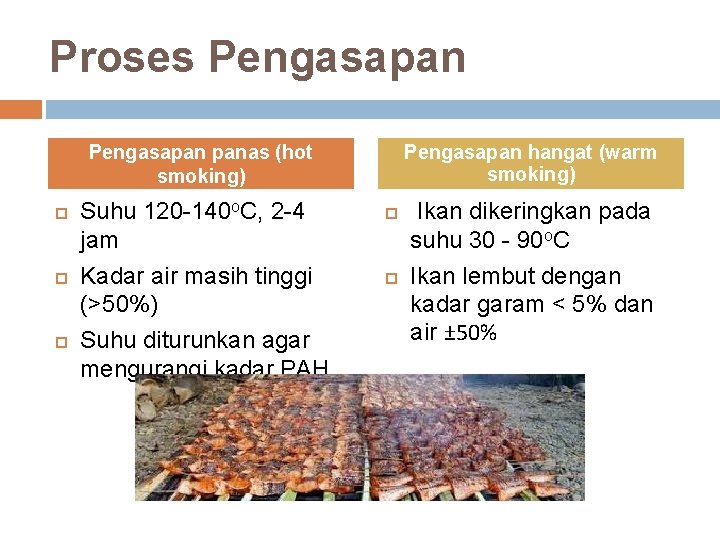 Proses Pengasapan panas (hot smoking) Suhu 120 -140 o. C, 2 -4 jam Kadar