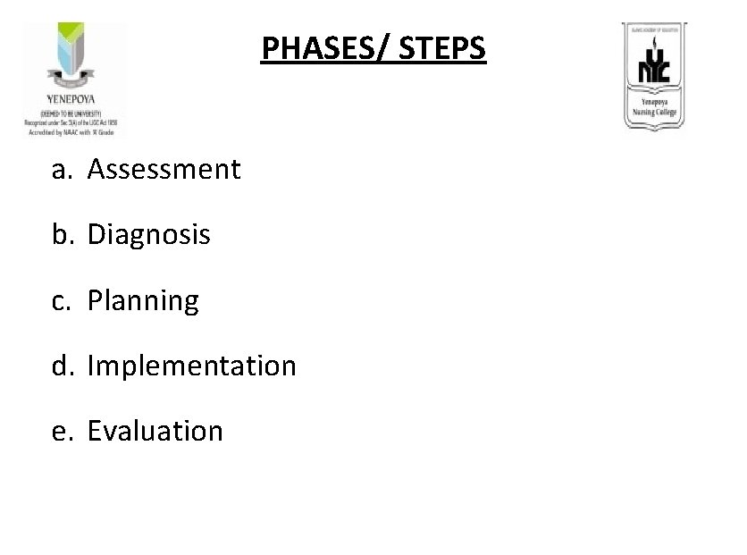 PHASES/ STEPS a. Assessment b. Diagnosis c. Planning d. Implementation e. Evaluation 