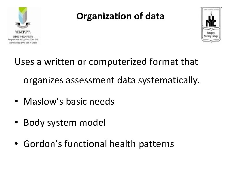 Organization of data Uses a written or computerized format that organizes assessment data systematically.