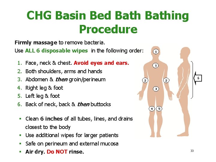 CHG Basin Bed Bathing Procedure Firmly massage to remove bacteria. Use ALL 6 disposable