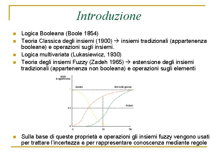 Introduzione n n n Logica Booleana (Boole 1854) Teoria Classica degli insiemi (1900) insiemi