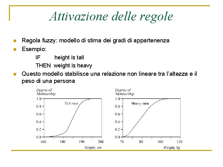 Attivazione delle regole n n Regola fuzzy: modello di stima dei gradi di appartenenza