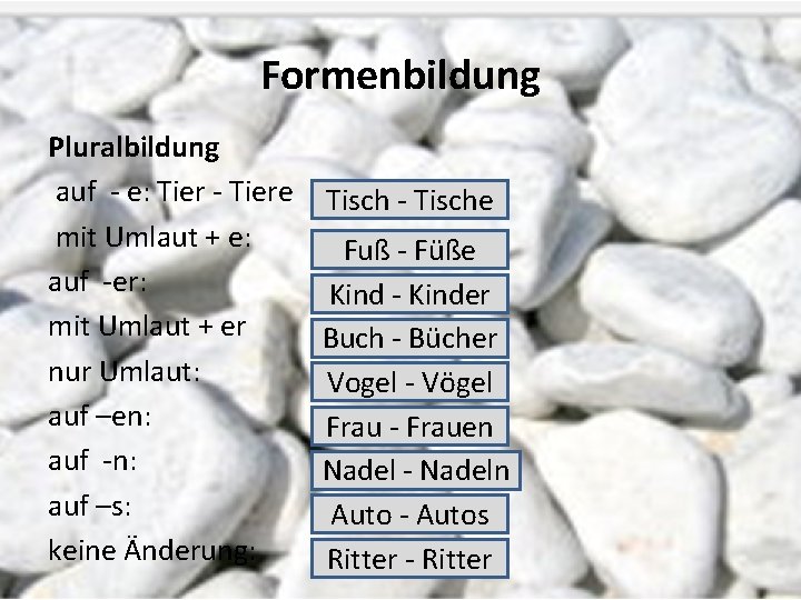 Formenbildung Pluralbildung auf - e: Tier - Tiere Tisch - Tische mit Umlaut +