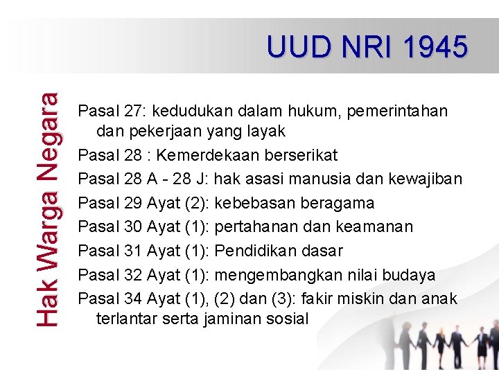 Hak Warga Negara UUD NRI 1945 Pasal 27: kedudukan dalam hukum, pemerintahan dan pekerjaan Hak Warga Negara UUD NRI 1945 Pasal 27: kedudukan dalam hukum, pemerintahan dan pekerjaan