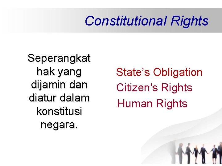 Constitutional Rights Seperangkat hak yang dijamin dan diatur dalam konstitusi negara. State’s Obligation Citizen's Constitutional Rights Seperangkat hak yang dijamin dan diatur dalam konstitusi negara. State’s Obligation Citizen's