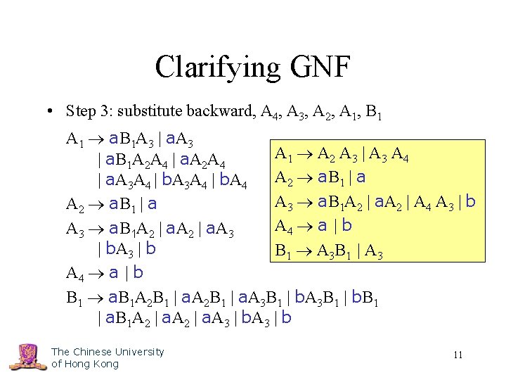 Clarifying GNF • Step 3: substitute backward, A 4, A 3, A 2, A