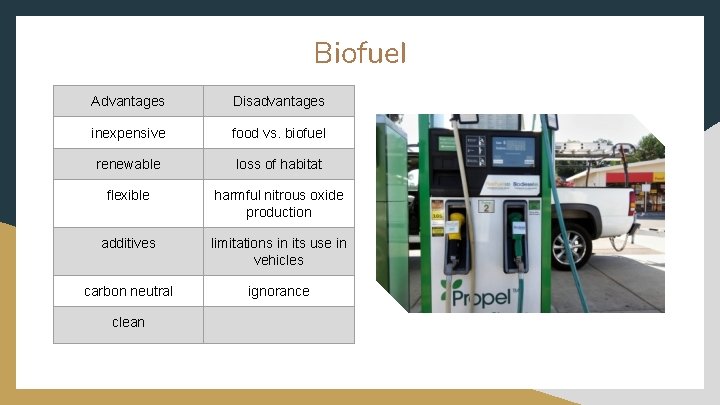 Biofuel Advantages Disadvantages inexpensive food vs. biofuel renewable loss of habitat flexible harmful nitrous