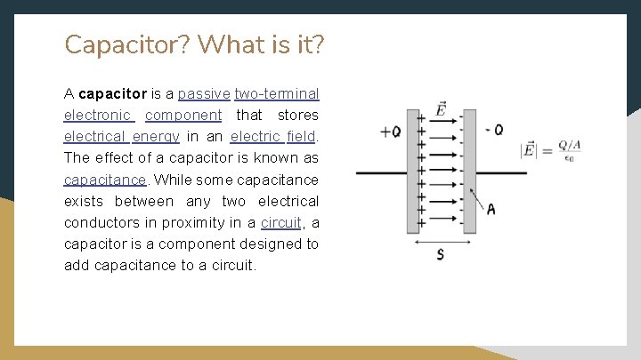 Capacitor? What is it? A capacitor is a passive two-terminal electronic component that stores