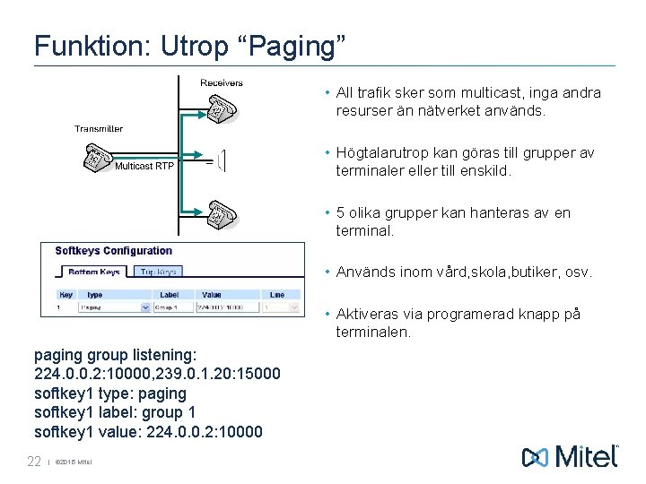 Funktion: Utrop “Paging” • All trafik sker som multicast, inga andra resurser än nätverket