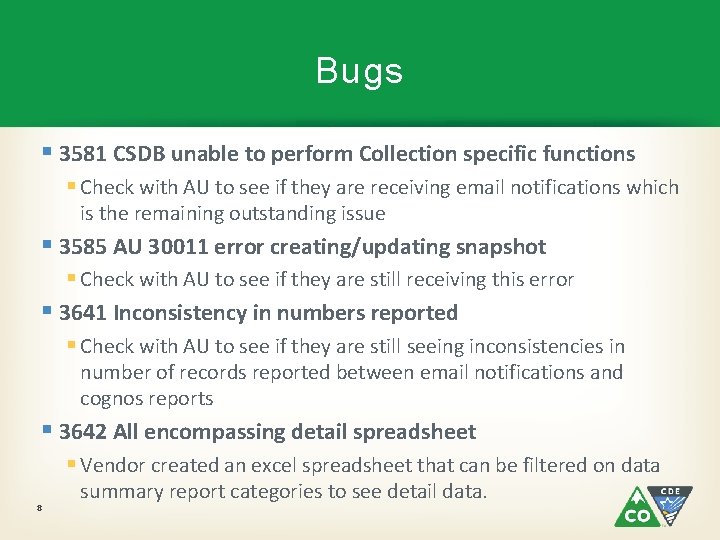 Bugs § 3581 CSDB unable to perform Collection specific functions § Check with AU