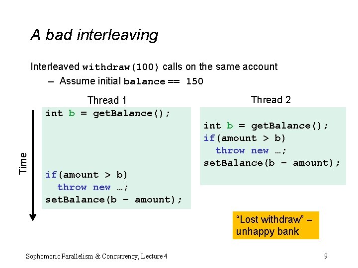 A bad interleaving Interleaved withdraw(100) calls on the same account – Assume initial balance