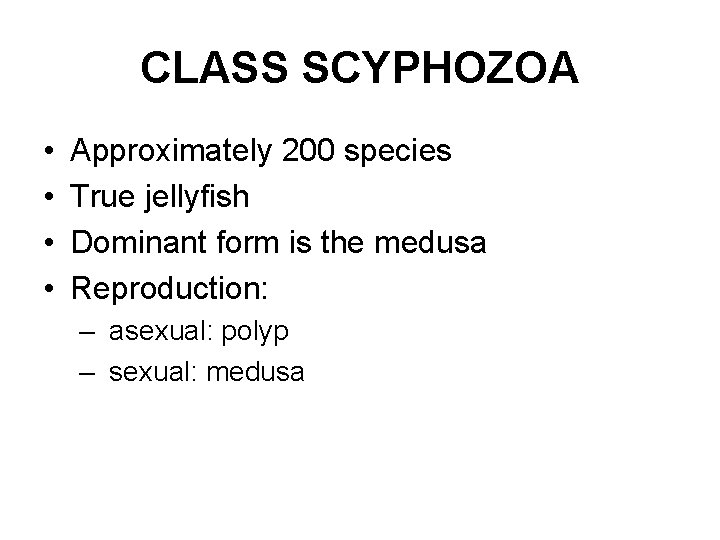 CLASS SCYPHOZOA • • Approximately 200 species True jellyfish Dominant form is the medusa