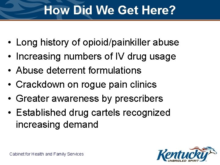How Did We Get Here? • • • Long history of opioid/painkiller abuse Increasing