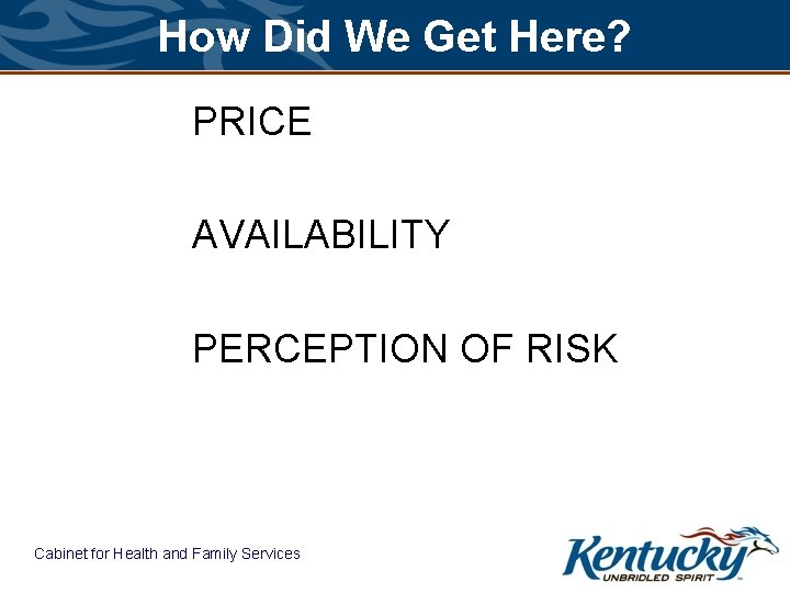How Did We Get Here? PRICE AVAILABILITY PERCEPTION OF RISK Cabinet for Health and