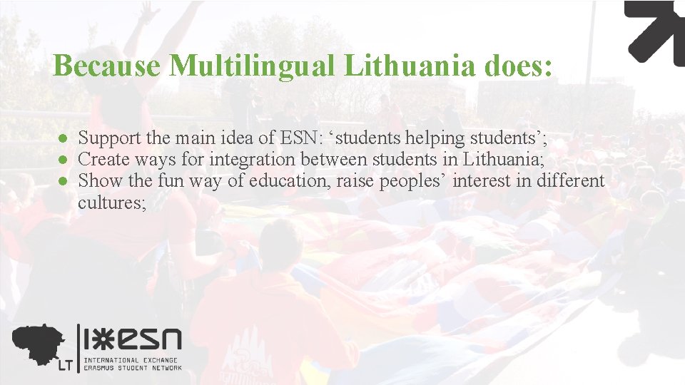 Because Multilingual Lithuania does: ● Support the main idea of ESN: ‘students helping students’;