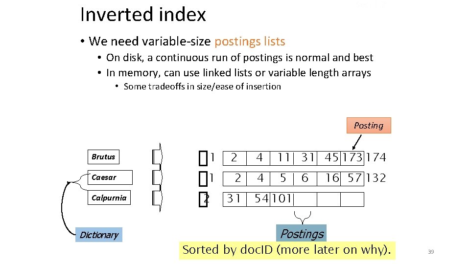 Sec. 1. 2 Inverted index • We need variable-size postings lists • On disk,