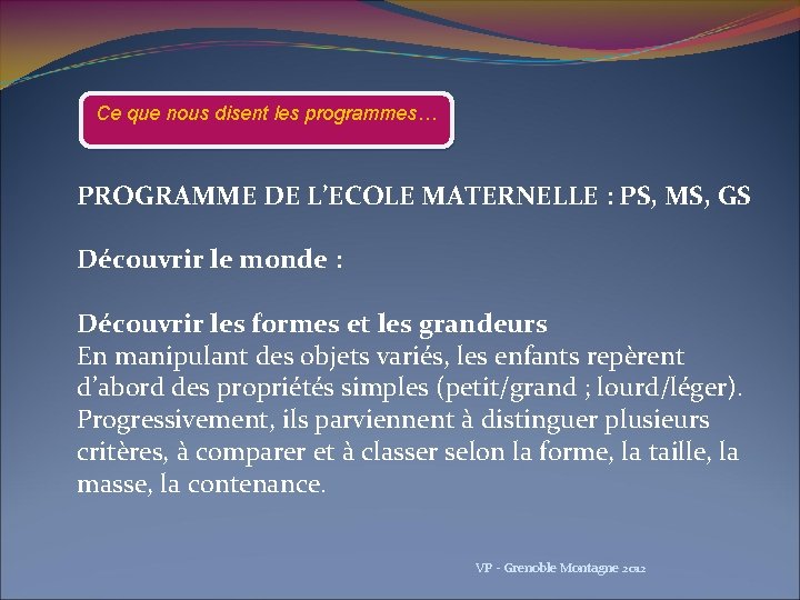 Ce que nous disent les programmes… PROGRAMME DE L’ECOLE MATERNELLE : PS, MS, GS