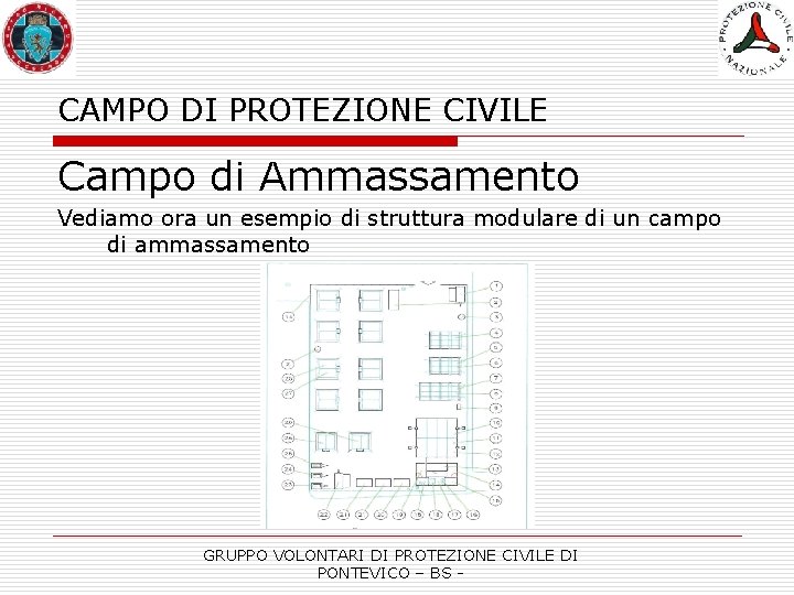 CAMPO DI PROTEZIONE CIVILE Campo di Ammassamento Vediamo ora un esempio di struttura modulare