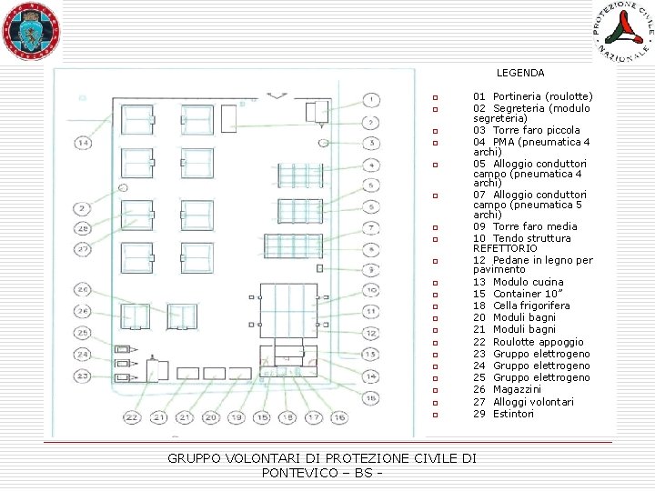 CAMPO DI PROTEZIONE CIVILE o o o o o o LEGENDA 01 Portineria (roulotte)