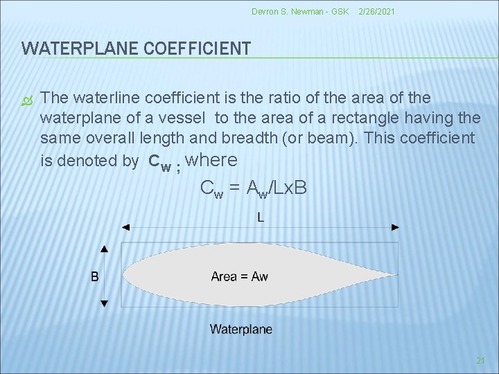 Devron S. Newman - GSK 2/26/2021 WATERPLANE COEFFICIENT The waterline coefficient is the ratio