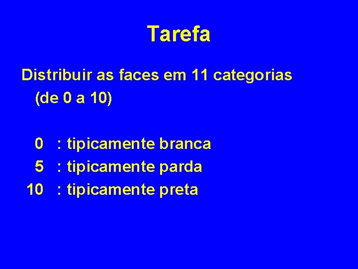 Tarefa Distribuir as faces em 11 categorias (de 0 a 10) 0 : tipicamente