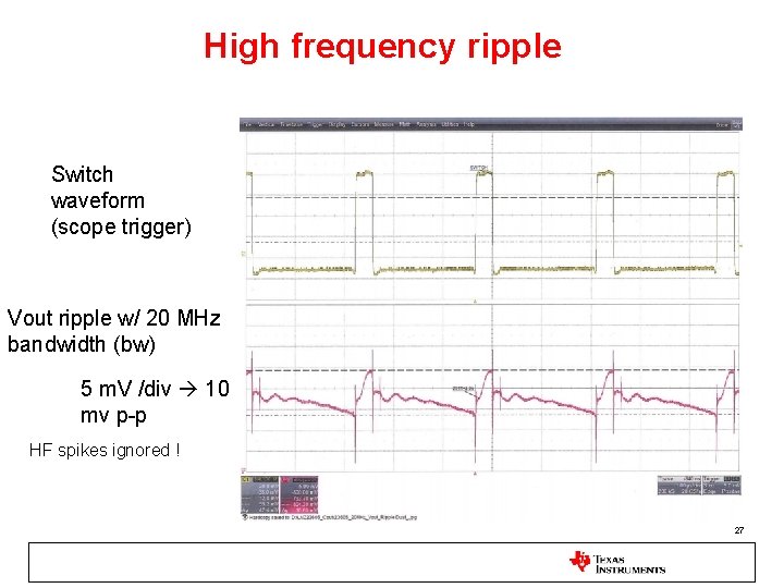 High frequency ripple Switch waveform (scope trigger) Vout ripple w/ 20 MHz bandwidth (bw) High frequency ripple Switch waveform (scope trigger) Vout ripple w/ 20 MHz bandwidth (bw)