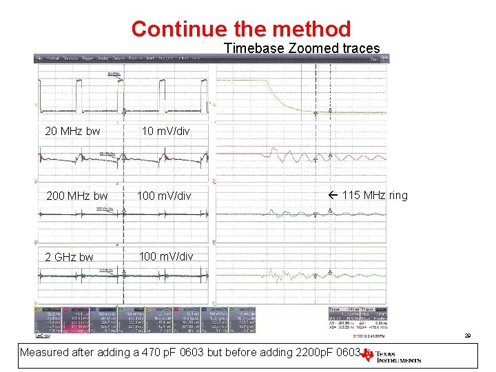 Continue the method Timebase Zoomed traces 20 MHz bw 10 m. V/div 200 MHz Continue the method Timebase Zoomed traces 20 MHz bw 10 m. V/div 200 MHz